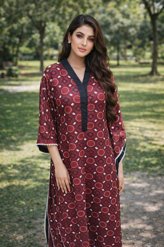 Maroon Printed Women’s Kurti with Black Neckline