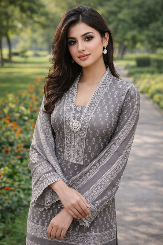 Elegant Grey Embroidered Women’s Dress
