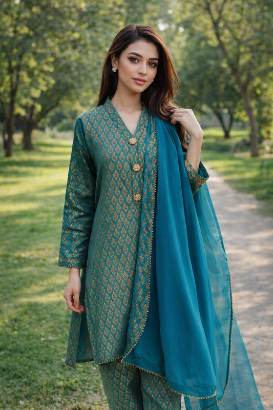 Teal Gold Printed 3 Piece Women’s Suit