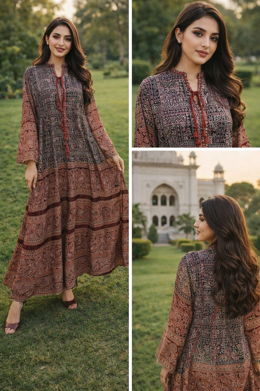 Rust Brown Printed Women’s Long Dress