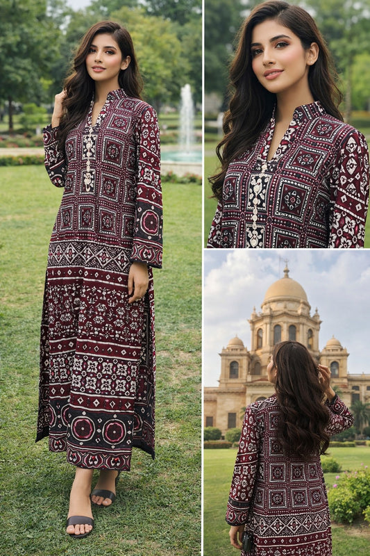 Maroon Traditional Printed Long Kurti for Women