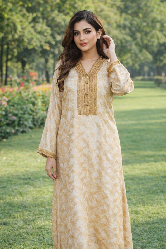 Cream & Gold Printed Women’s Long Dress